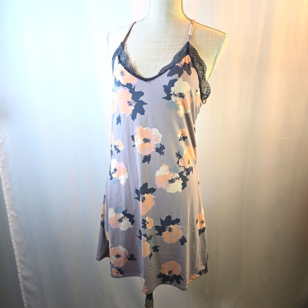 Laundry By Shelli Segal Women's Sz L Lavender Floral Chemise Sleepwear Lace Trim